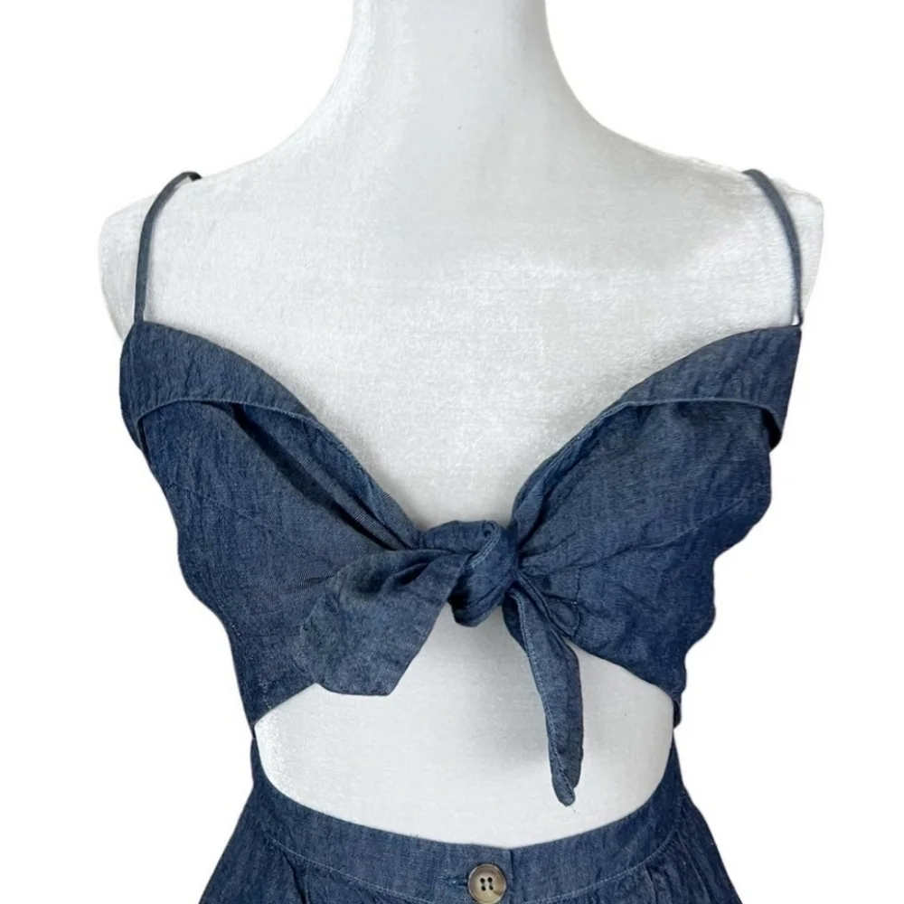 Reformation Miramar Linen Blend Chambray Tie Front Mini Dress Size 4 - Picture 5 of 11